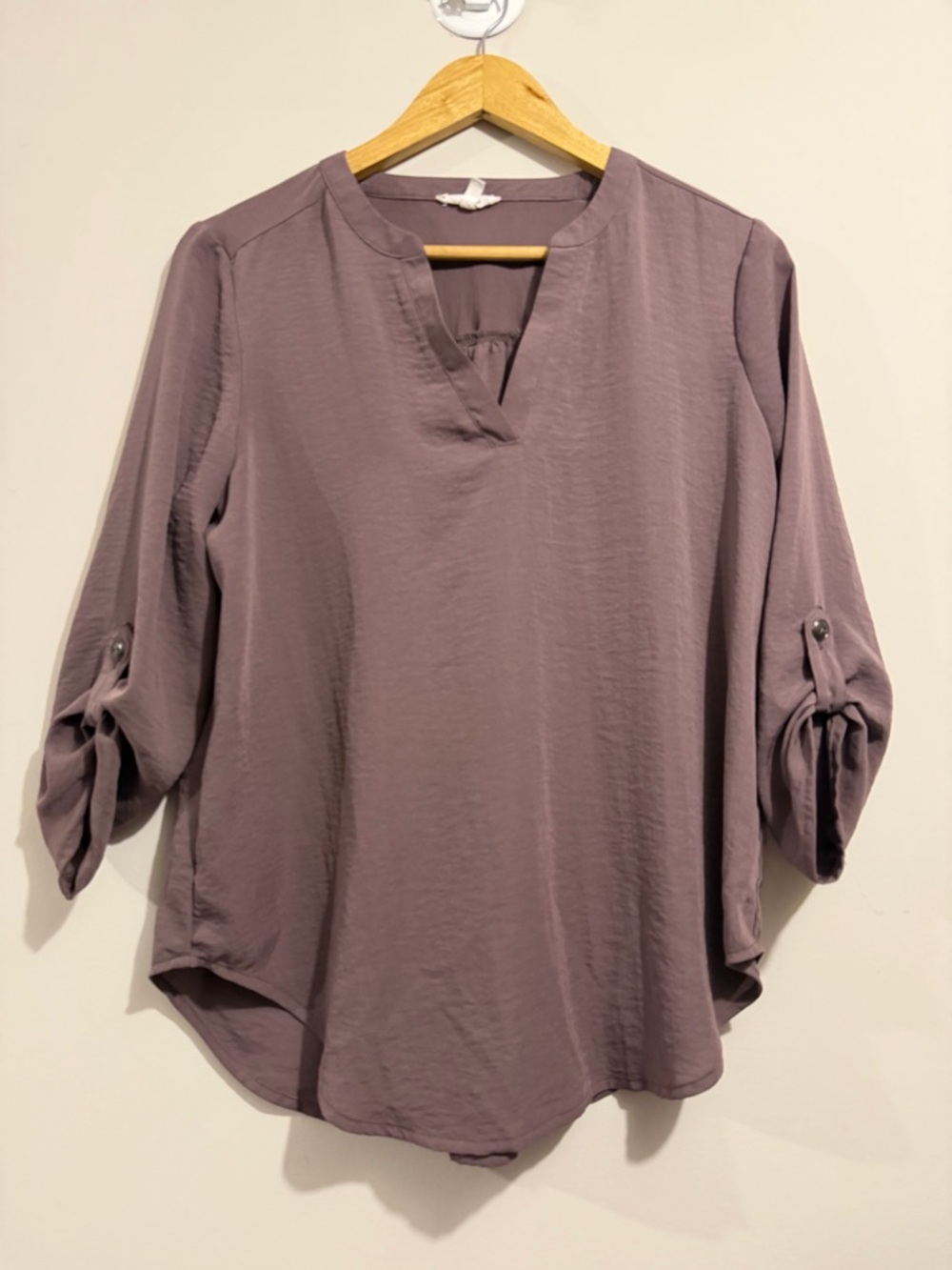Maurices Dusty Mauve Split V-Neck Roll-Tab Sleeve Blouse